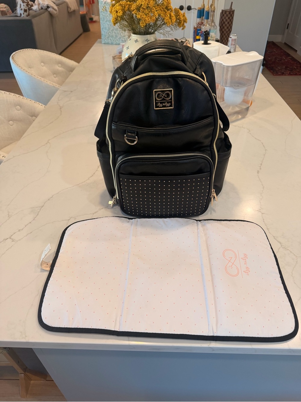 Ju-Ju-Be Black Backpack with Gold Trim and Studded Front Pocket